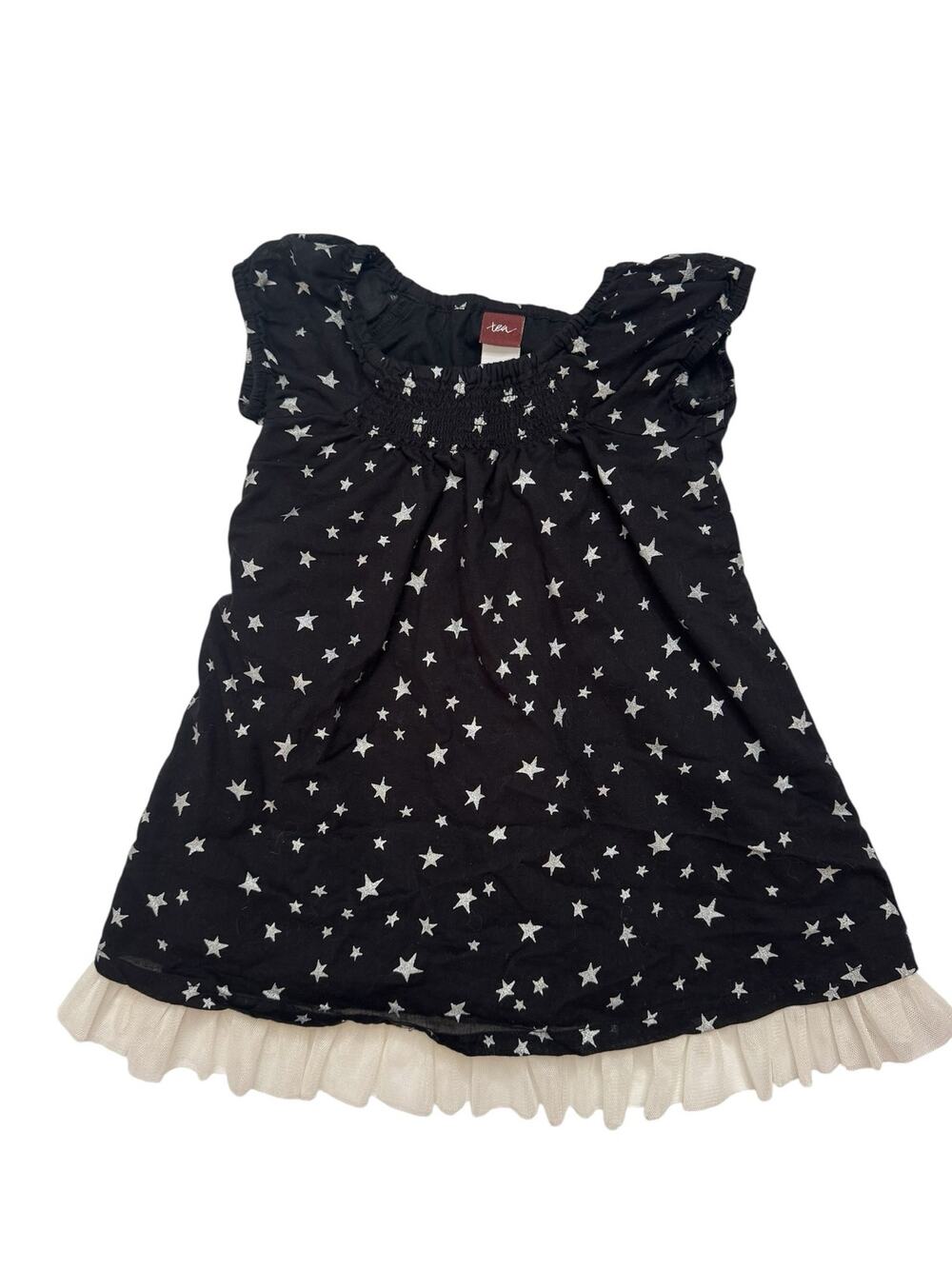 TEA COLLECTION Black Silver Stars Ruffle Dress Size 12-18 Months Lined Cotton